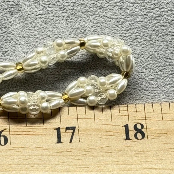 Vintage Faux Pearl and Crystal Beaded Tassel Necklace Opera Length Cream Gold - Picture 7 of 9